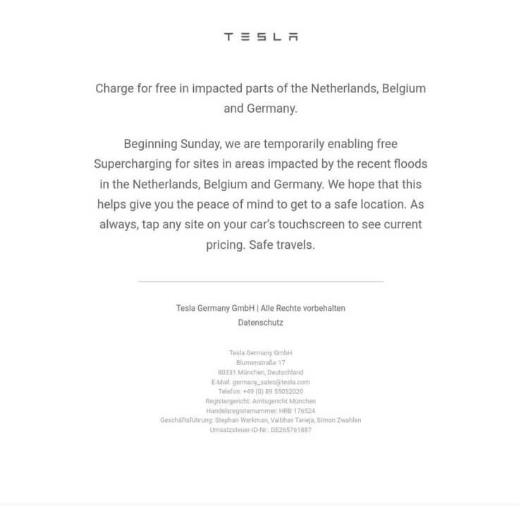 Inmitten der Hochwasser-Krise in Deutschland hilft Tesla in den betroffenen Gebieten mit kostenloser Supercharger-Nutzung.
