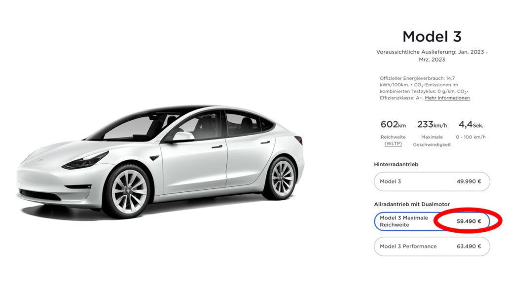 Tesla erhöht auch Preise in Deutschland: Model 3 LR 2.500 Euro teurer