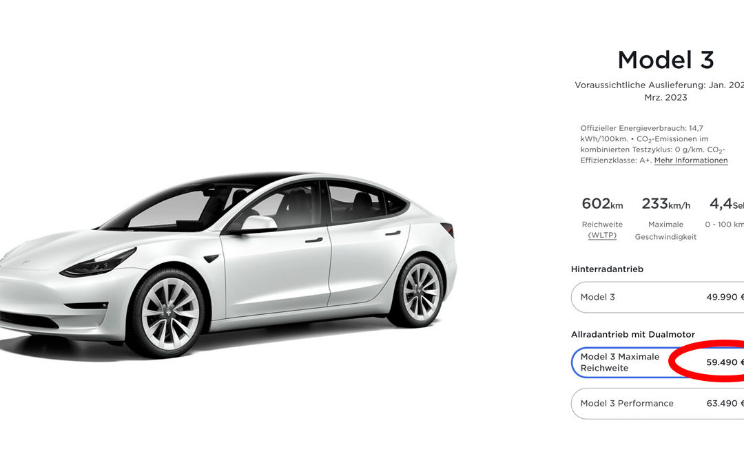 Tesla erhöht auch Preise in Deutschland: Model 3 LR 2.500 Euro teurer