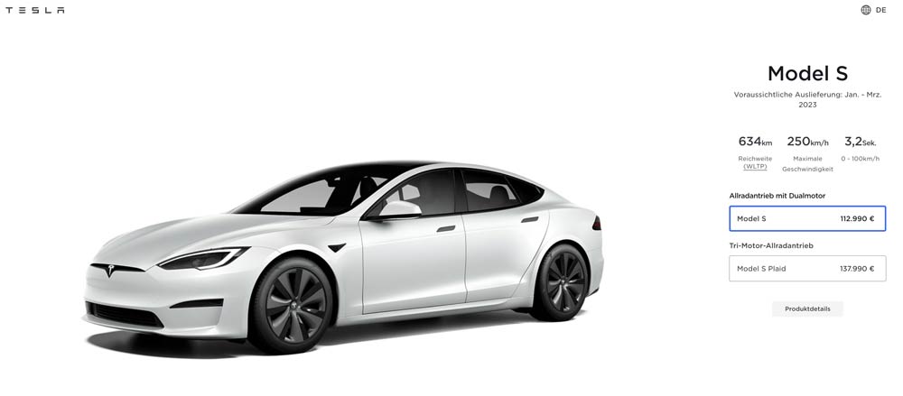Tesla Model S Konfigurator: Basisversion wieder in Europa verfügbar