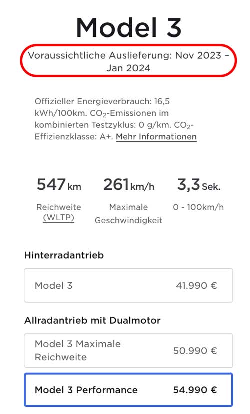 Tesla Model 3 Lieferzeit