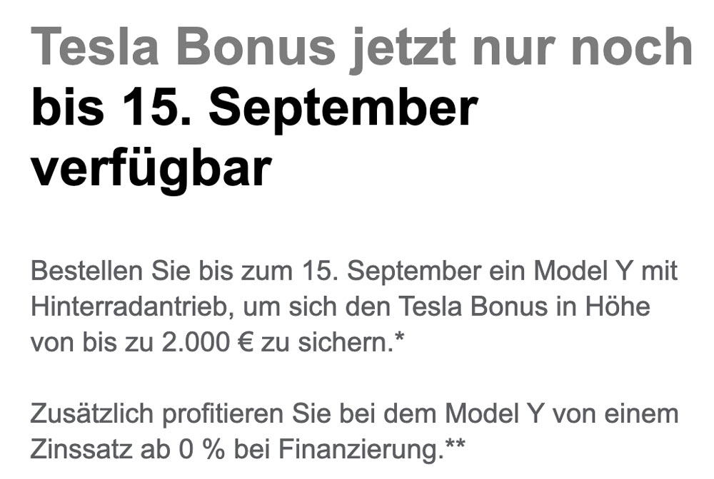 Tesla-Bonus endet am 15. September 2026